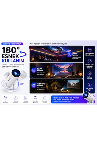 Teknomie Mini Projeksiyon Cihazı 1080p Full Hd Wifi 6 Bluetooth 5.2 180 Döner Akıllı Projektör