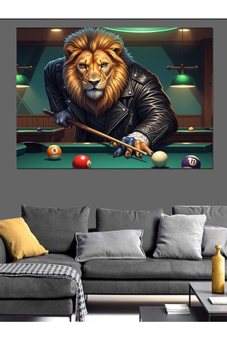 Bilardo Masasında Aslan Adam Dekoratif Kanvas - Mdf Ahşap Tablo