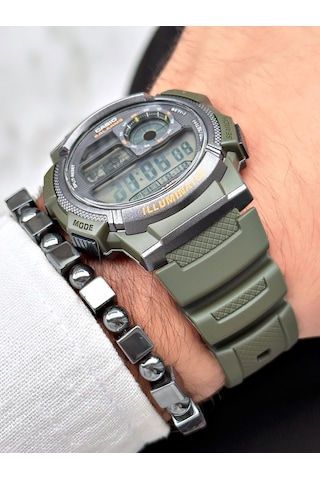 Casio Nda3186 Dünya Saati Takvimli Erkek Kol Saati Haki + Bileklik