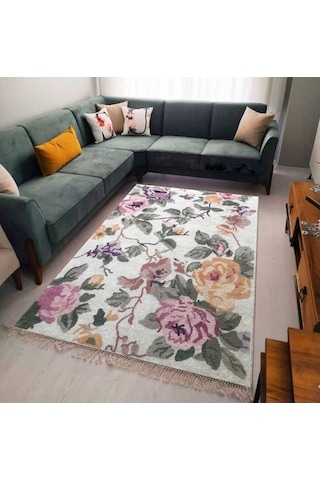 Çiçek Kaymaz Tabanlı Yıkanabilir Halı Kilim Yolluk Pembe Yeşil Pembe