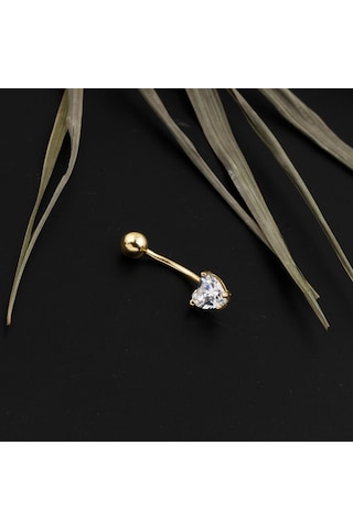 Kalp Tektaşlı Altın Göbek Piercing 14 Ayar Sarı