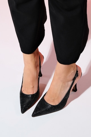 Luvishoes Andes Siyah Çizgili Kadın Sivri Burun Arkası Açık Yüksek Topuklu Ayakkabı Siyah