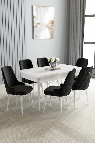 Zümra Serisi, Beyaz 80x132 Açılabilir Mdf Mutfak Masası Takımı 6 Adet Sandalye, Siyah