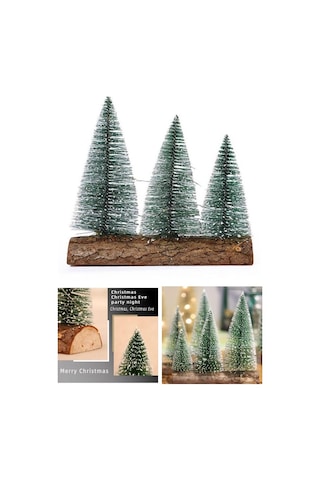 3 Lü Set Nevada Mini Çam Ağaçları Meşe Kütük Üzerinde Yılbaşı Hediyesi 16-12-10 Cm