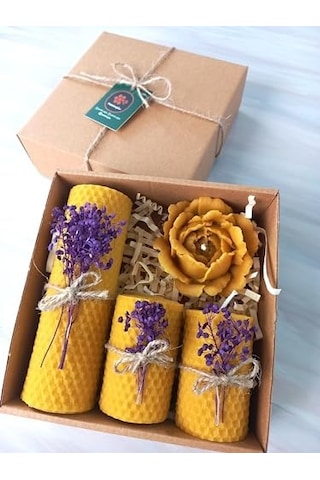 Balmumu Mum Dekoratif Hediye Kutusu 4 Lü Set Doğal Petek Beeswax Candle Açmış Gül Mor Süslenmiş Açmış Gül 000 Açık Krem