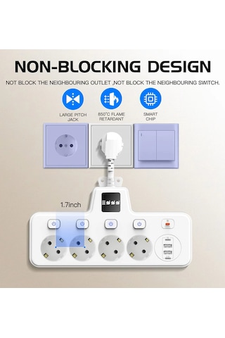 Termal Akım Korumalı 4'lü Duvar Tipi Priz 2x Usb 2x Type-c Çıkışlı Grup Priz Çoğaltıcı Beyaz 2500w 0 M