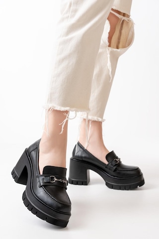 Asmi Shoes Kadın Cilt Tokalı 8 Cm Yüksek Topuklu Leofer Siyah Siyah
