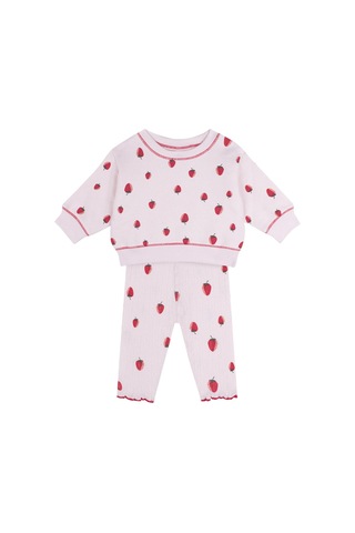 Antebies Organik, Pembe Çilek Desenli, Jakarlı Manşetli Kız Bebek Sweatshirt Tayt Takımı