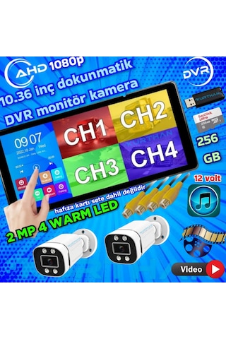 2 Adet Ahd 2mp Warm Ledli Kamera Dvr Dokunmatik 10.36 İnç Monitör 12 Volt 256 Gb