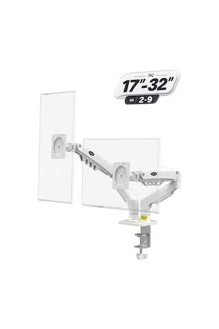17-32 İnç Amortisörlü Çift Kollu Monitör Kolu Tam Hareketli Vesa Uyumlu Masa Kelepçeli Monitör Standı 2-9 Kg - Beyaz