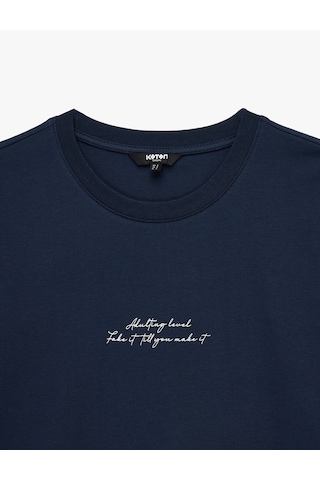 Koton Pamuklu Kısa Kollu Bisiklet Yaka Baskılı Slim Fit Tişört Lacivert 6sam10066mk