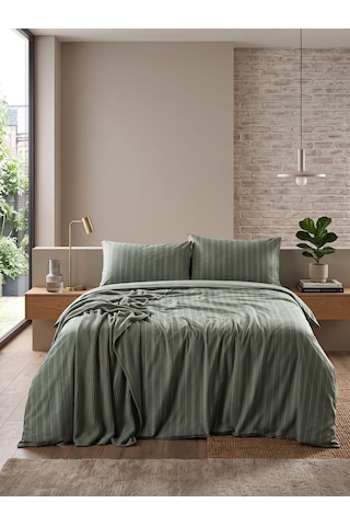 Çift Kişilik Çizgi Desenli Nevresim Takımı Pamuk Polyester Modern Yatak Odası Seti Yeşil