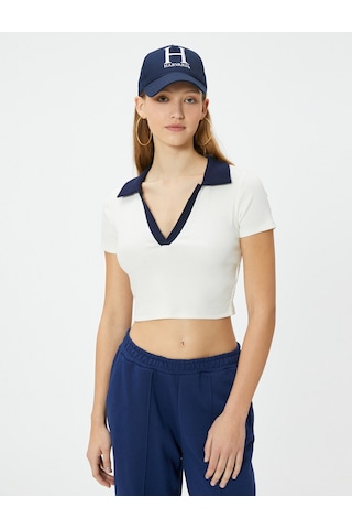 Koton Polo Yaka Crop Tişört Renk Kontrastlı Kısa Kollu Slim Fit Ekru 4sal10812ık Ekru