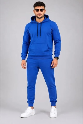 Butik İstanbul Erkek İki İplik Kapüşonlu Kanguru Cepli Sweatshirt Jogger Pantolon Alt Üst Eşofman Takımı -saks Mavisi