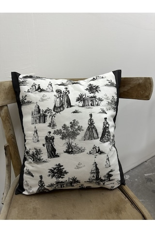 Toile De Jouy Paris Kırlent Kılıfı 43x43 Cm %100 Pamuk Dijital Baskılı Klasik Fransız Tarzı Dekoratif Yastık Kılıfı - Zt740 Siyah-