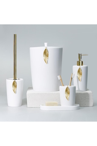 By Selim Home Leaf Polyester 5 Parça Banyo Seti Beyaz - Altın Beyaz
