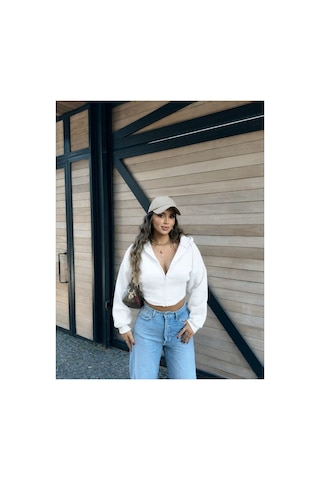 Evoa Kadın Beyaz Oversize Kol Kapüşonlu Crop Hırka