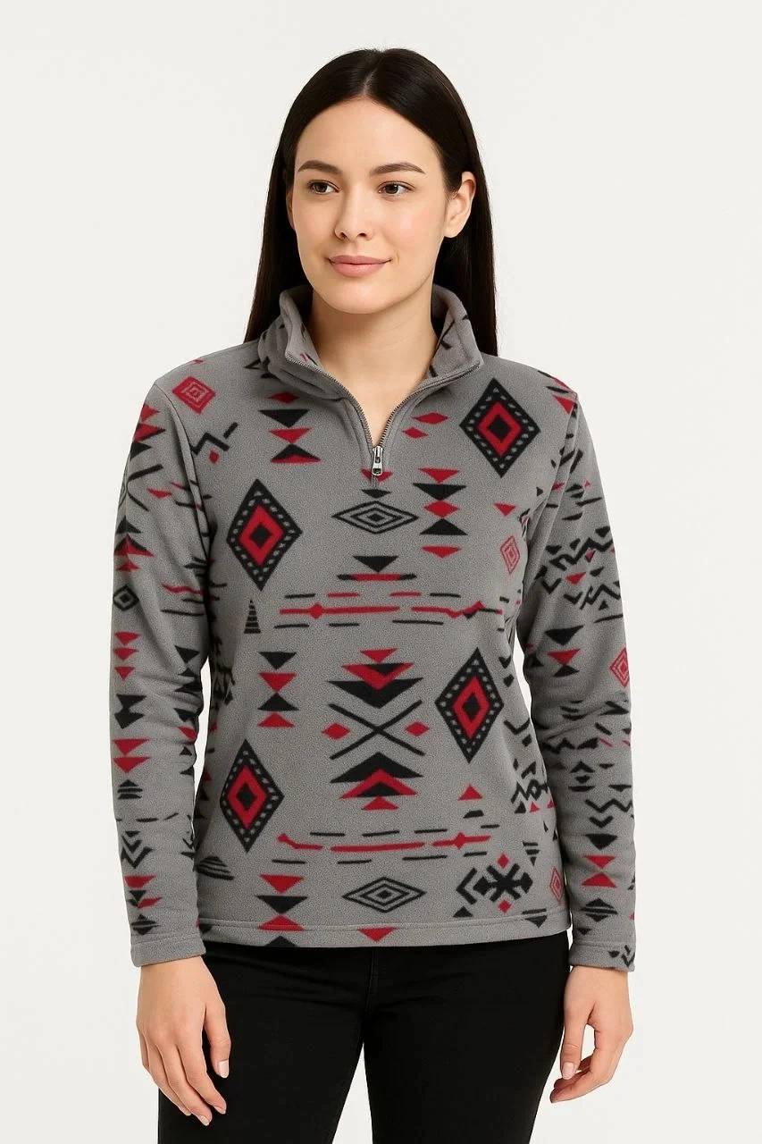 Kadın Yarım Fermuarlı Desenli Polar Sweat Tribal Etnik Desen Yakalı, Uzun Kollu, Oversize Rahat Kalı Füme