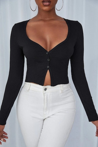 Moda Dua Kadın Siyah Uzun Kollu Düğmeli Göğüs Ve Göbek Dekolteli Crop Top Bluz