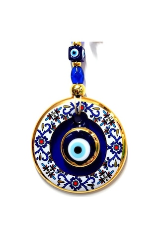 Çini Desenli Nazar Boncuklu Duvar Süsü, Cam El İşçiliği Hediyelik Eşya Altın Yaldızlı Nazar Boncuğu