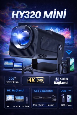 Hy320 Mini Led Projektör 1080p Full Hd & 4k Destek, Wi-fi 6, Bluetooth, Android Smart Siyah