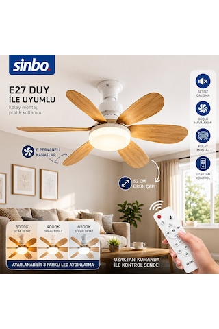 Sinbo Sf-7708 Tavan Vantilatörü Ve Avize Lamba 2'si 1 Arada - Kumandalı 52 Cm 6 Ahşap Görünümlü Plastik Kanat 3 Kademe- 6'li Paket