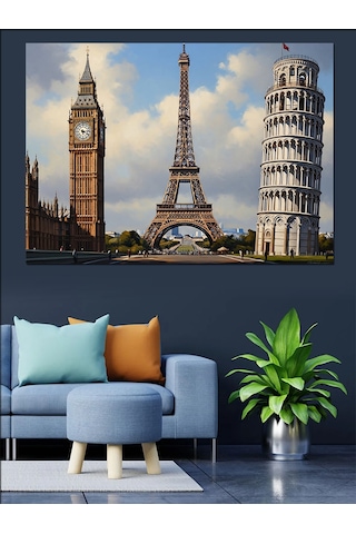 Ahşap Tablo Pisa Kulesi Eyfel Kulesi Ve Big Ben Kuleleri