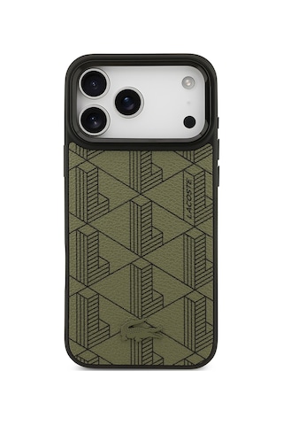Apple Uyumlu iPhone 17 Pro Max Kılıf Lacoste Lisanslı M-safe Şarjlı Standlı Pu Deri Monogram Desenli Yeşil