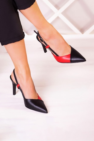 Erkan Saçmacı Sacha Siyah Kırmızı Arkası Açık İnce Topuklu Ayakkabı Siyah - Kırmızı