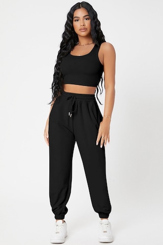 Moda Dua Kadın Siyah Kaşkorse Cepli Jogger Eşofman Altı Ve Crop Top Bluz