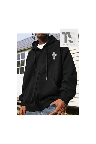 Tarzsokak Haç Sembol Sweatshirt Fermuarlı Hırka Siyah