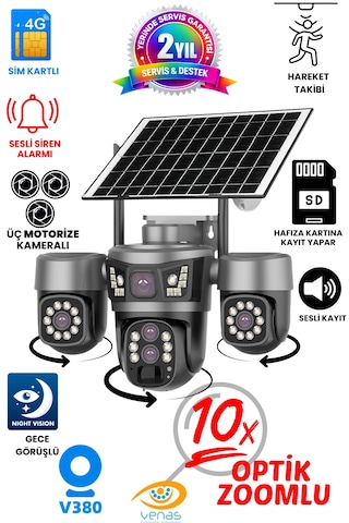 3 Motorize Kameralı 10x Optik Zoom Güneş Enerjili 4g Sım Kartlı Güvenlik Kamerası