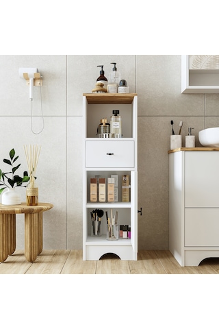 Banyo Dolabı Mdf 107 X 35 Cm Çekmeceli Banyo Boy Dolabı Mat Beyaz Atlantik Çam - Beyaz