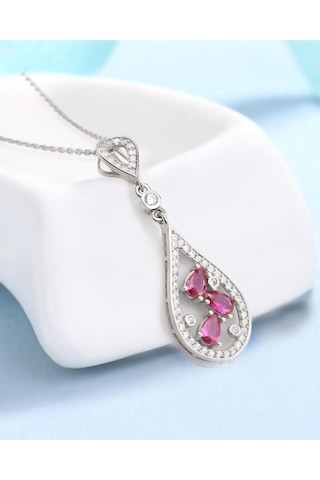 Brezza Lusso Jewelry Rubalit Turmalin Işıltılı Histryum Kadın Gümüş Kolye 45 CM 45 CM