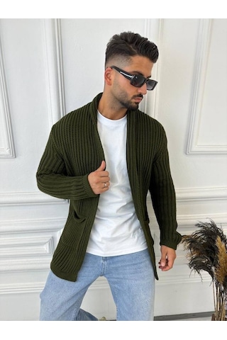 Elku Moda Hırka Kalın Örgü Şal Yaka Cepli Panço Triko Hırka Yeşil