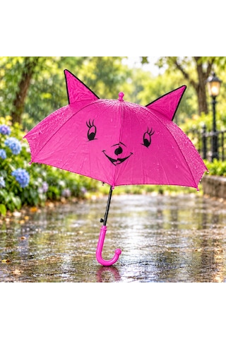 Mubx Kedi Kulaklı Çocuk Şemsiyesi 76 Cm Çap Sevimli Figürlü Düdüklü Yağmur Şemsiyesi Pembe