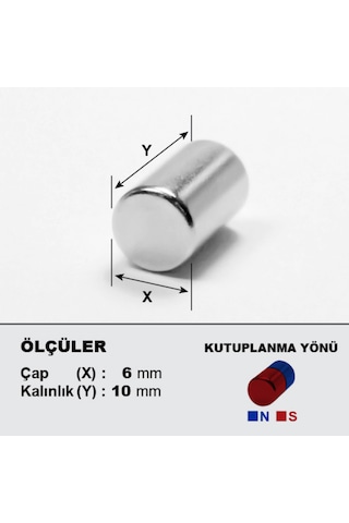 Neohobi 5 Adet Neodyum Mıknatıs Çap: 6mm Kalınlık: 10mm D6x10 Ndfeb Güçlü Mıknatıs Yuvarlak N006