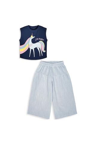 Denokids Kız Çocuk Takım İkili Unicorn Penye T-shirt Dokuma Geniş Paça Pantolon Yazlık 4-10 Yaş Çok Renkli