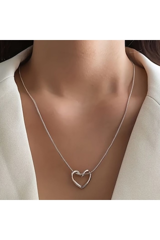 Lente Aksesuar Kadın Çelik Düğüm Kalp Kolye - Minimalist Geçmeli Kalp Ve Yılan Zincir Gümüş