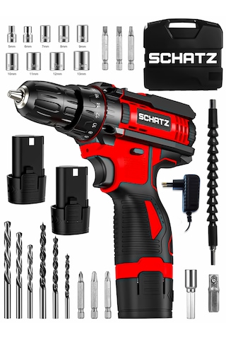 Schatz 12v Çift Akülü Çelik Şanzıman Bakır Sargılı Şarjlı Vidalama Matkap Kırmızı + 24 Parça Set