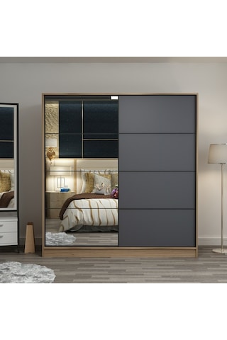 Minarmobilya Minar Kale 2 Kapaklı Aynalı Sürgülü Dolap 180 Cm - Dore/Antrasit