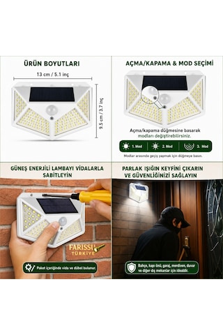 100 Led Solar Hareket Sensörlü Dış Mekan Bahçe Lambası 1 Adet Beyaz