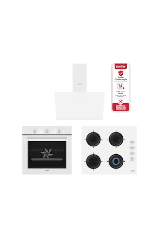 Carino 4 Fonksiyon Mekanik Beyaz Power Turbo 3'lü Cam Ocaklı Ankastre Set Fırın+Ocak+Davlumbaz