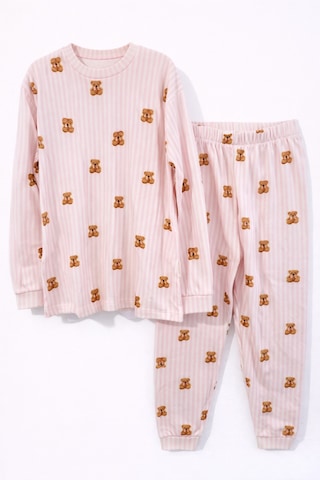 Pembe Çizgili Ayıcık Temalı Kız Çocuk Pijama Takımı Beyaz