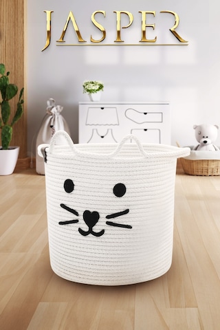 Jasper Beyaz Tekli Jüt İp Kedi Tasarımlı Çocuk Odası Organizer