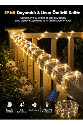 100 Led Solar Şerit Led Aydınlatma 10 Metre Şeffaf Hortum Tasarımlı, Gün Işığı, Ip65 Su Geçirmez Dış Mekan Dekoratif Aydınlatma