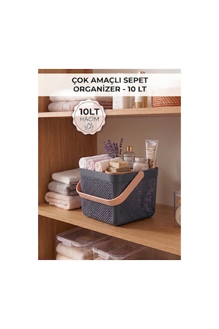 Dolap İçi Düzenleyici, Banyo, Mutfak Organizeri Kulplu Sepet, Dekoratif Saklama Kutusu, Banyo Düzenleyici Organizer 10lt Antrasit - Gri