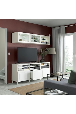 Tv Ünitesi, Beyaz-şeffaf Cam, 180x42x192 Cm, Smevıken/ostvık, Fren Raylı Beyaz