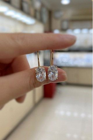 Gümüş Oval 12x8 Mm 4,5 Carat Sallantılı Altın Kaplama Tektaş Küpe Sarı