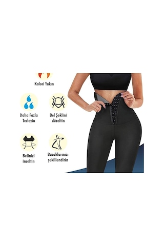 Kadın Ekstra Yüksek Bel Agraflı Sauna Termal Inceltici Zayıflama 3 Kademeli Agraflı Tayt Siyah